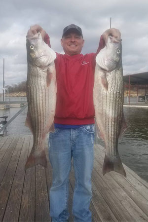 Man holding striped bass at Lake Texoma after trip with with Randy's Guide Service