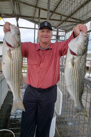 Man holding stripers at Lake Texoma after trip with with Wylie Guide Services