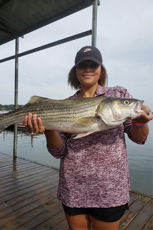 Woman holding striper at Lake Texoma after trip with with Wylie Guide Services